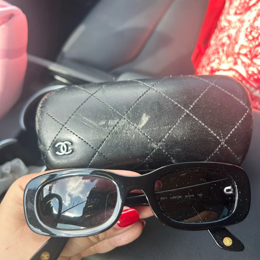 Chanel Black Rectangular Sunglasses with Gold Logo